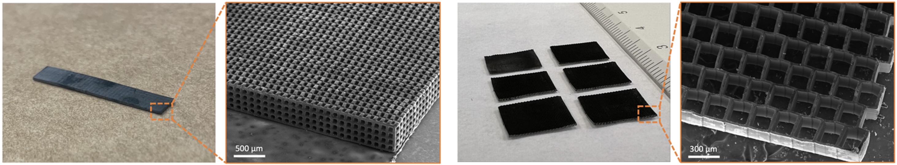 Architected carbon electrode with 3D microlattice or square channel